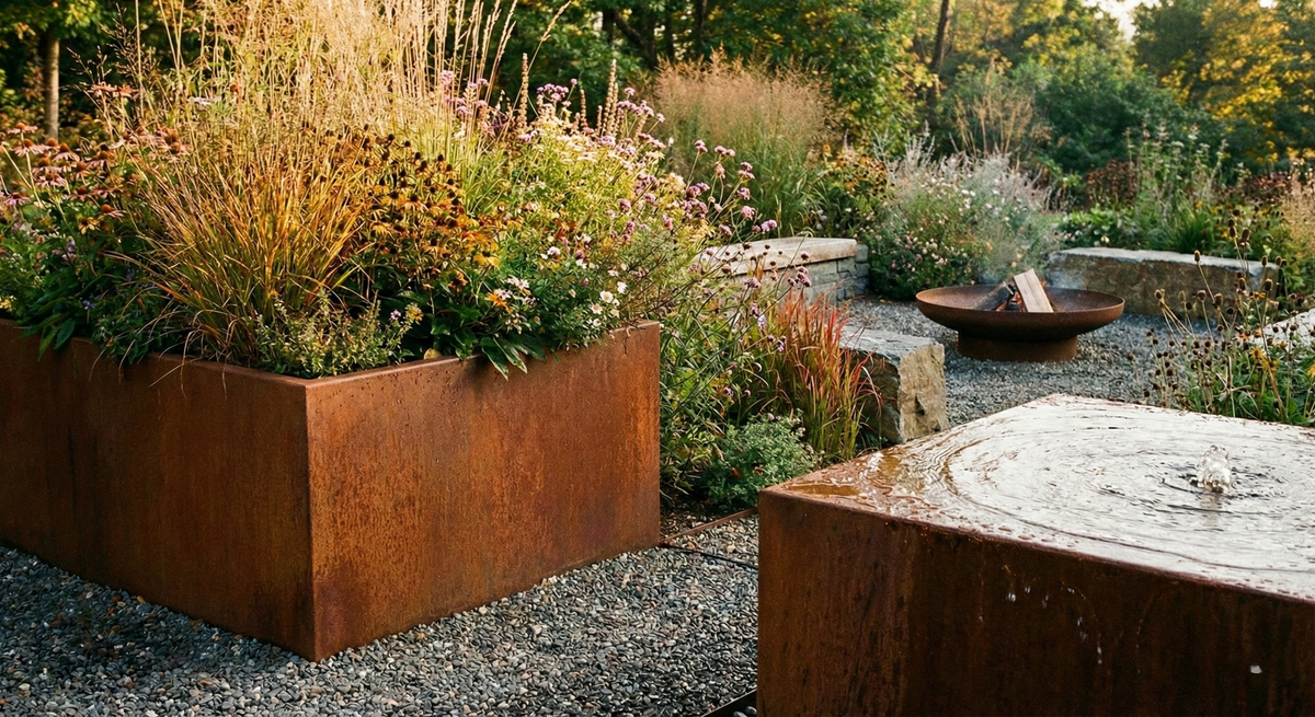 Watertafel en plantenbak van cortenstaal gevuld met siergrassen en bloemen in een sfeervolle tuin met grind en een vuurschaal op de achtergrond.