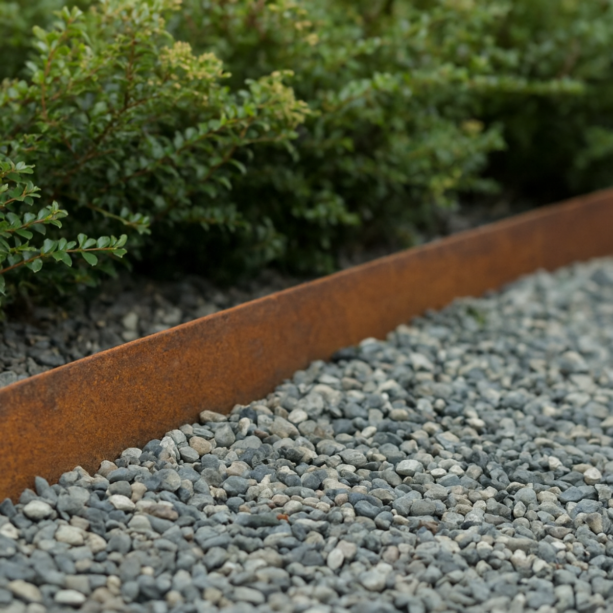 Cortenstalen plantenbak gevuld met een groene haag in een tuin met grijs grind.