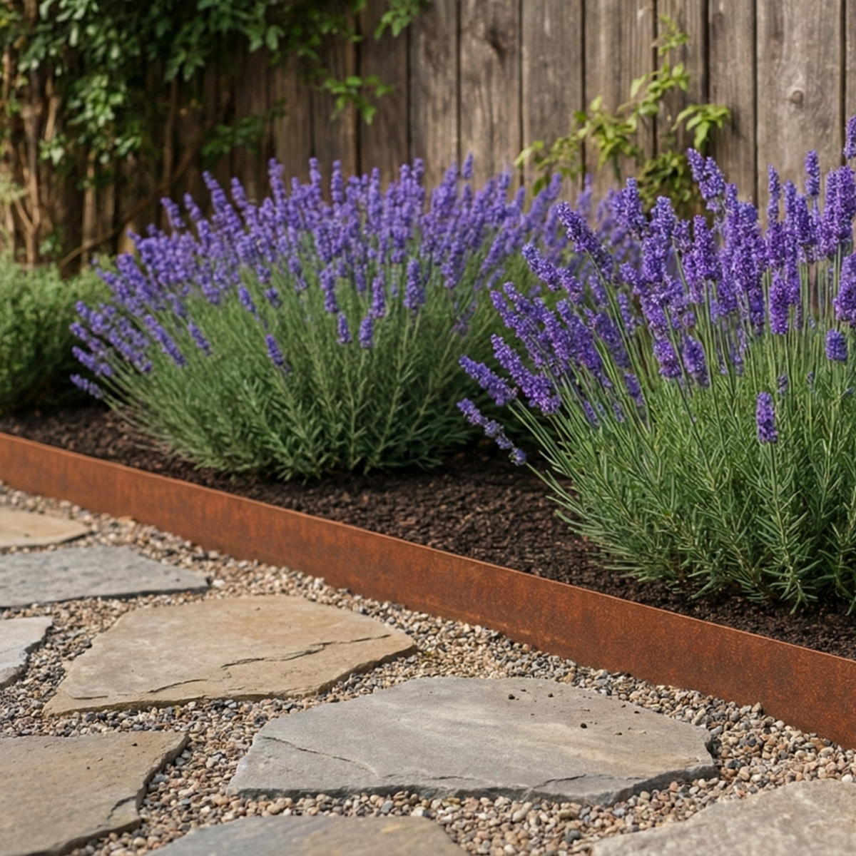 Lage border van cortenstaal met lavendel langs een pad van natuurlijke stapstenen.
