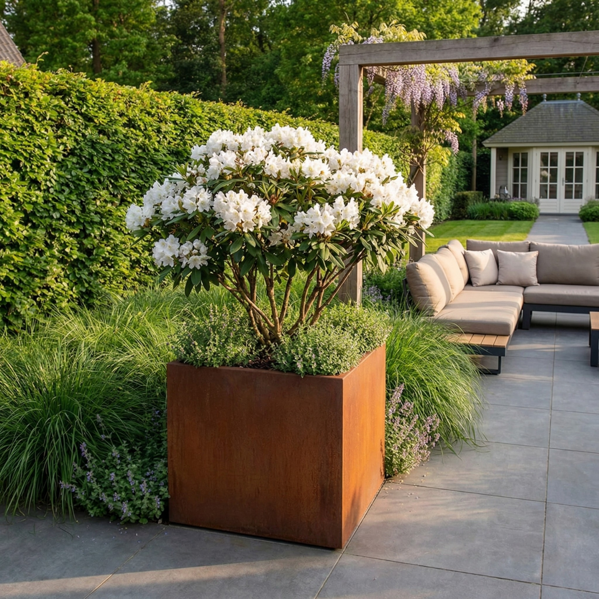 Vierkante Cortenstalen plantenbak met een bloeiende witte Rhododendron op een modern terras.