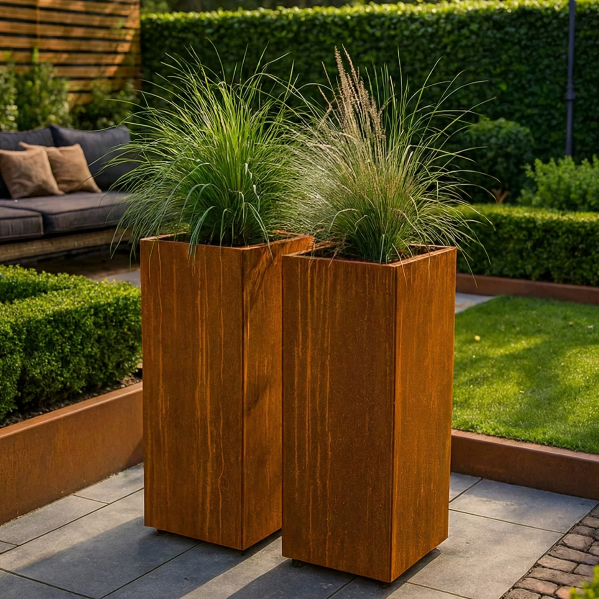 Twee hoge Cortenstalen plantenbakken met siergrassen op een terras naast een loungebank.