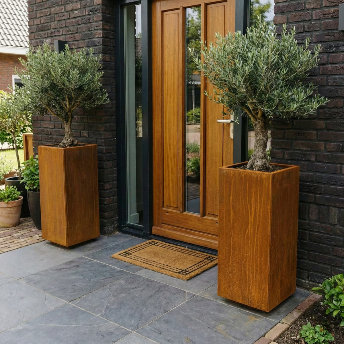 Stijlvolle entree met twee hoge cortenstaal plantenbakken gevuld met karakteristieke olijfbomen, symmetrisch geplaatst naast de houten voordeur.