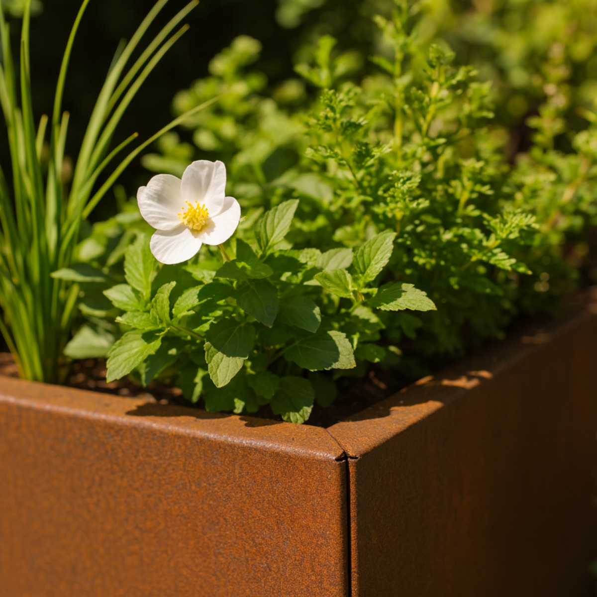 Cortenstalen plantenbak gevuld met groene planten en een witte bloem in een sfeervolle tuin.