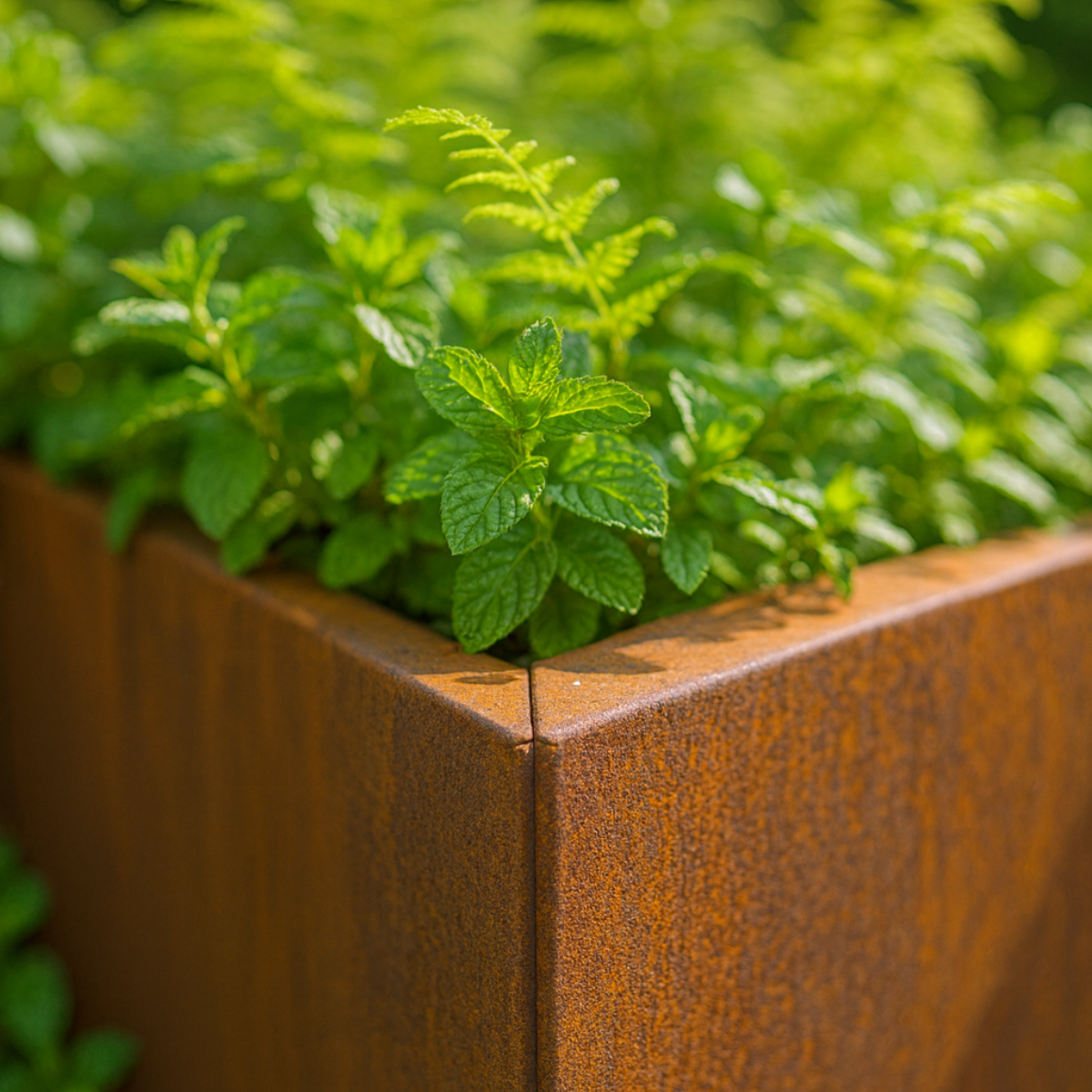 Cortenstalen plantenbak gevuld met groene beplanting in een sfeervolle tuin.