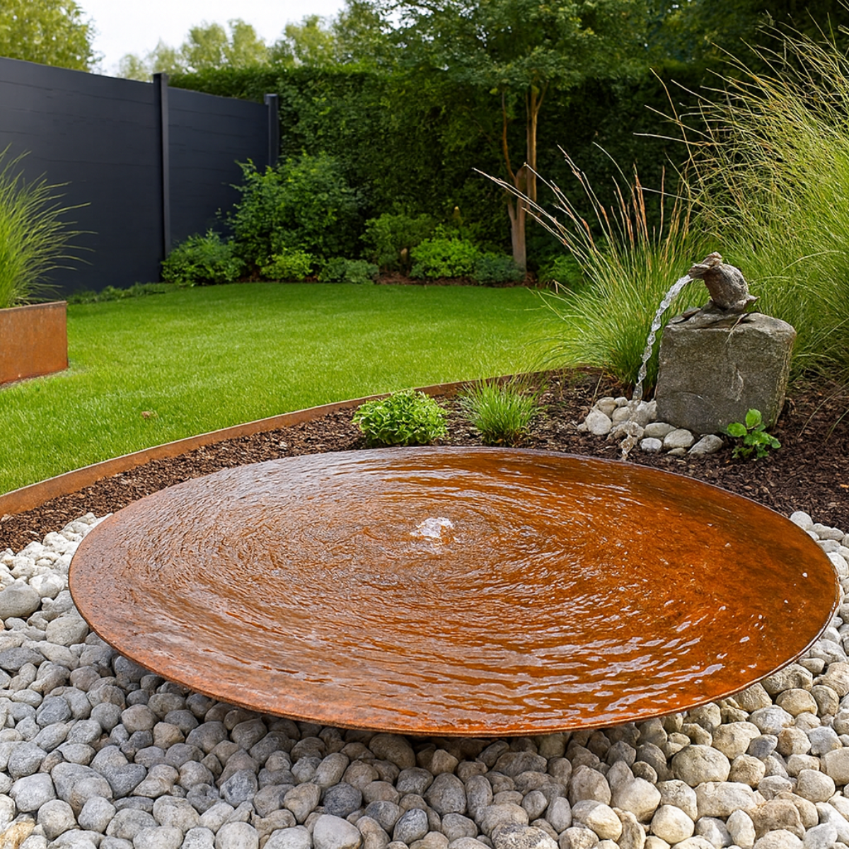 Lage, ronde cortenstaal waterschaal met kabbelend water, rustiek geplaatst op een bed van grote rivierstenen in een moderne tuin met siergrassen.