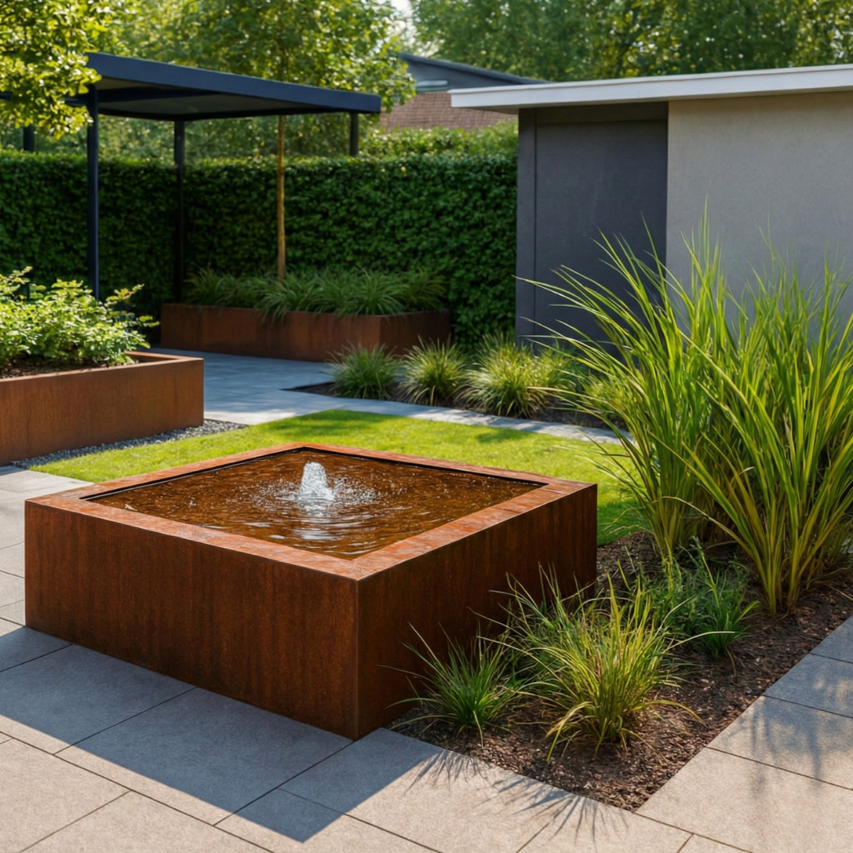Vierkante Cortenstaal watertafel met een centrale fontein op een modern terras met siergrassen.