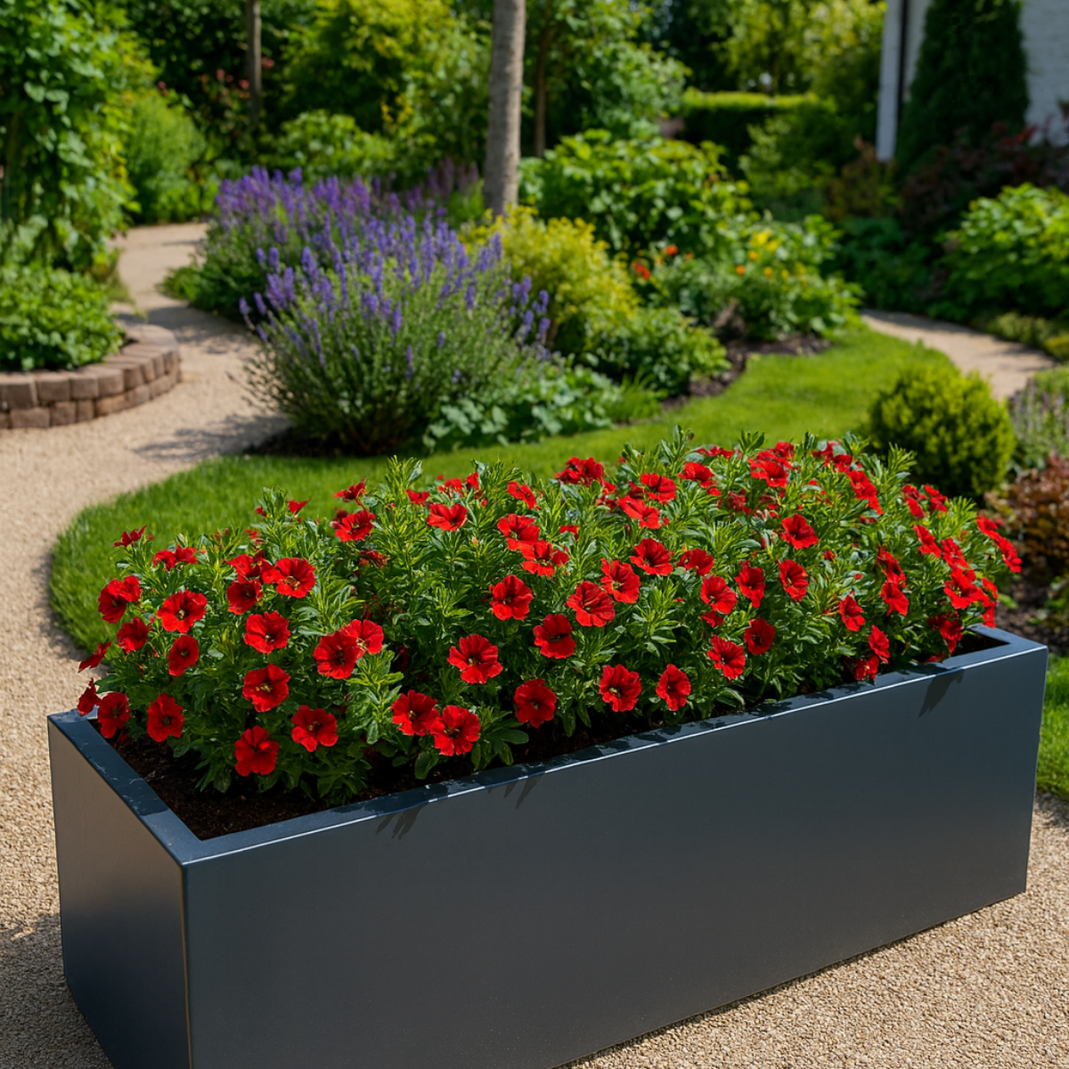 Lage donkergrijze rechthoekige plantenbak stralend gevuld met rode petunia's op een grindpad in een weelderige tuin.