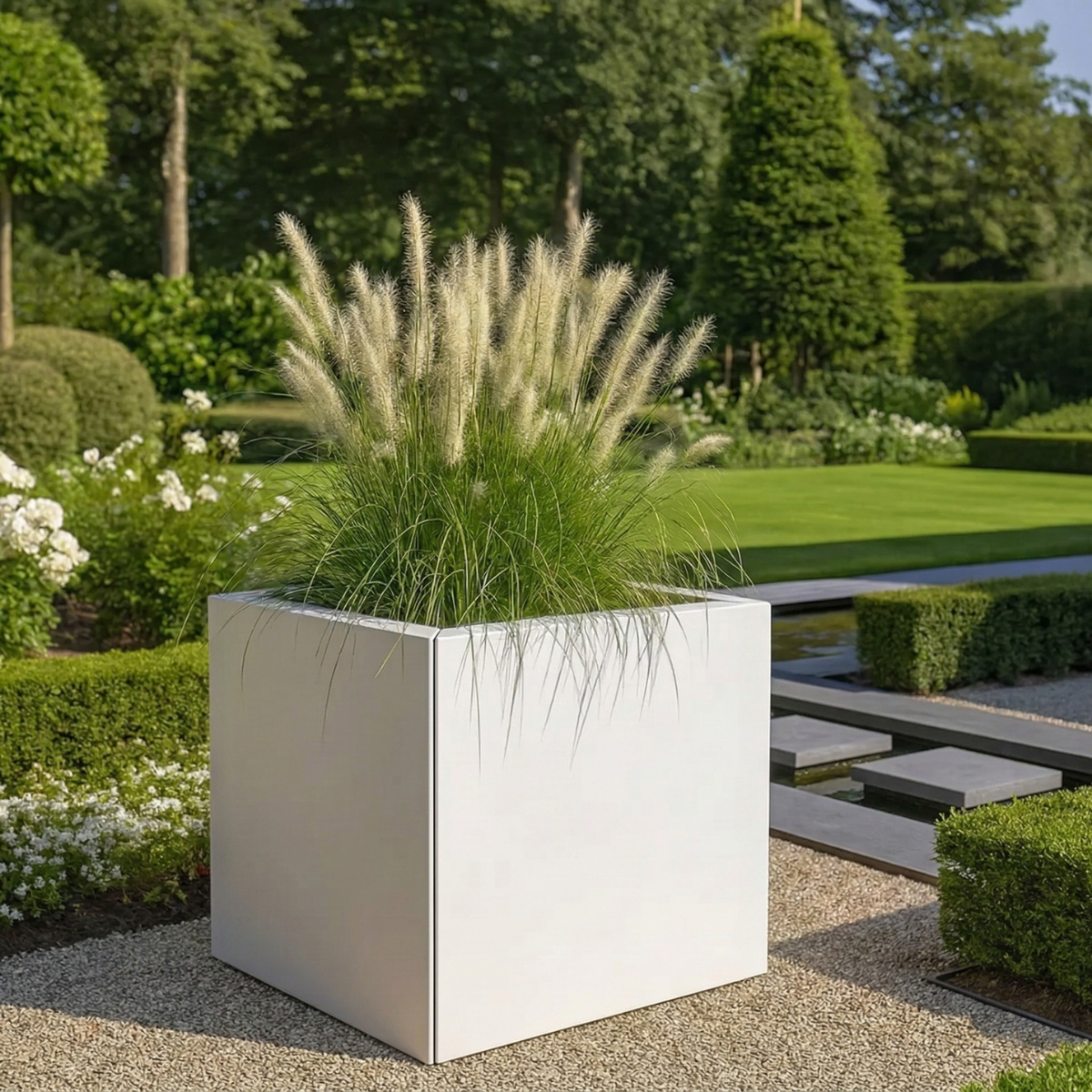 Twee grote antracietkleurige vierkante plantenbakken gevuld met boompjes op stam en paarse lavendel op een strakke betegelde oprit voor een modern wit huis.