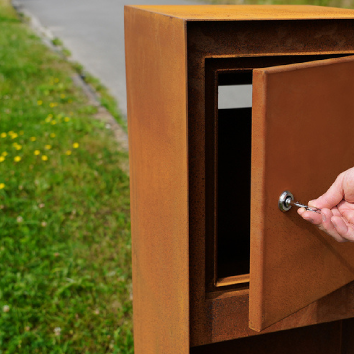 Briefkasten POSTINO 1 aus Cortenstahl, 35 x 35 x 115 cm