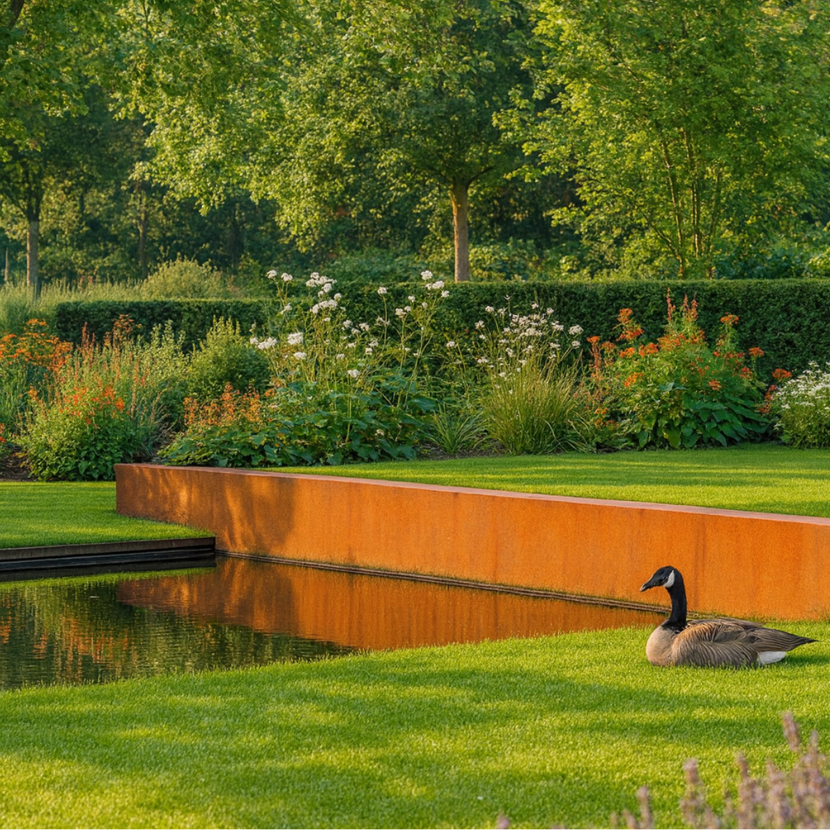 Lange cortenstalen keerwand bij een vijver en een groen gazon met een gans in een sfeervolle tuin.