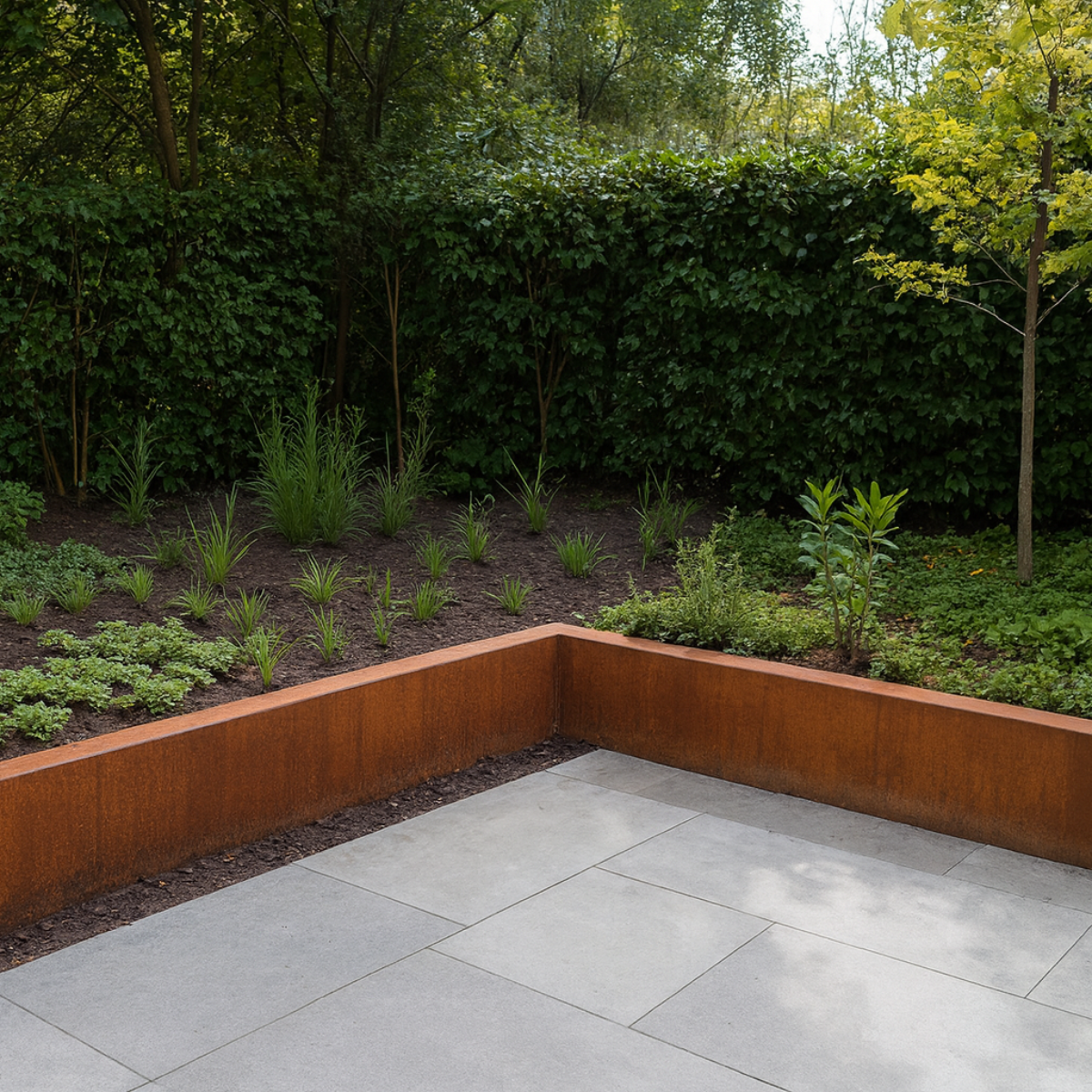 Innenecke einer Stützmauer aus Cortenstahl, Segment A 50 x 20 x 30 cm