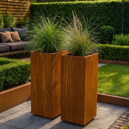 Twee hoge Cortenstalen plantenbakken met siergrassen op een terras naast een loungebank.