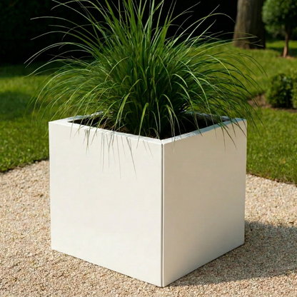 Twee hoge witte vierkante plantenbakken gevuld met groene bollen en paarse bloemen op een betegeld pad bij de entree van een modern wit huis.