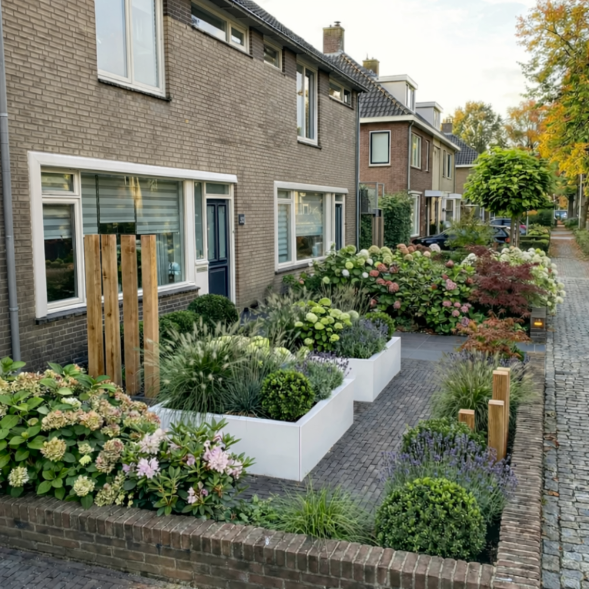 Moderne witte plantenbakken gevuld met siergrassen en lavendel op een kasseien pad in een voortuin voor een bakstenen rijtjeshuis.