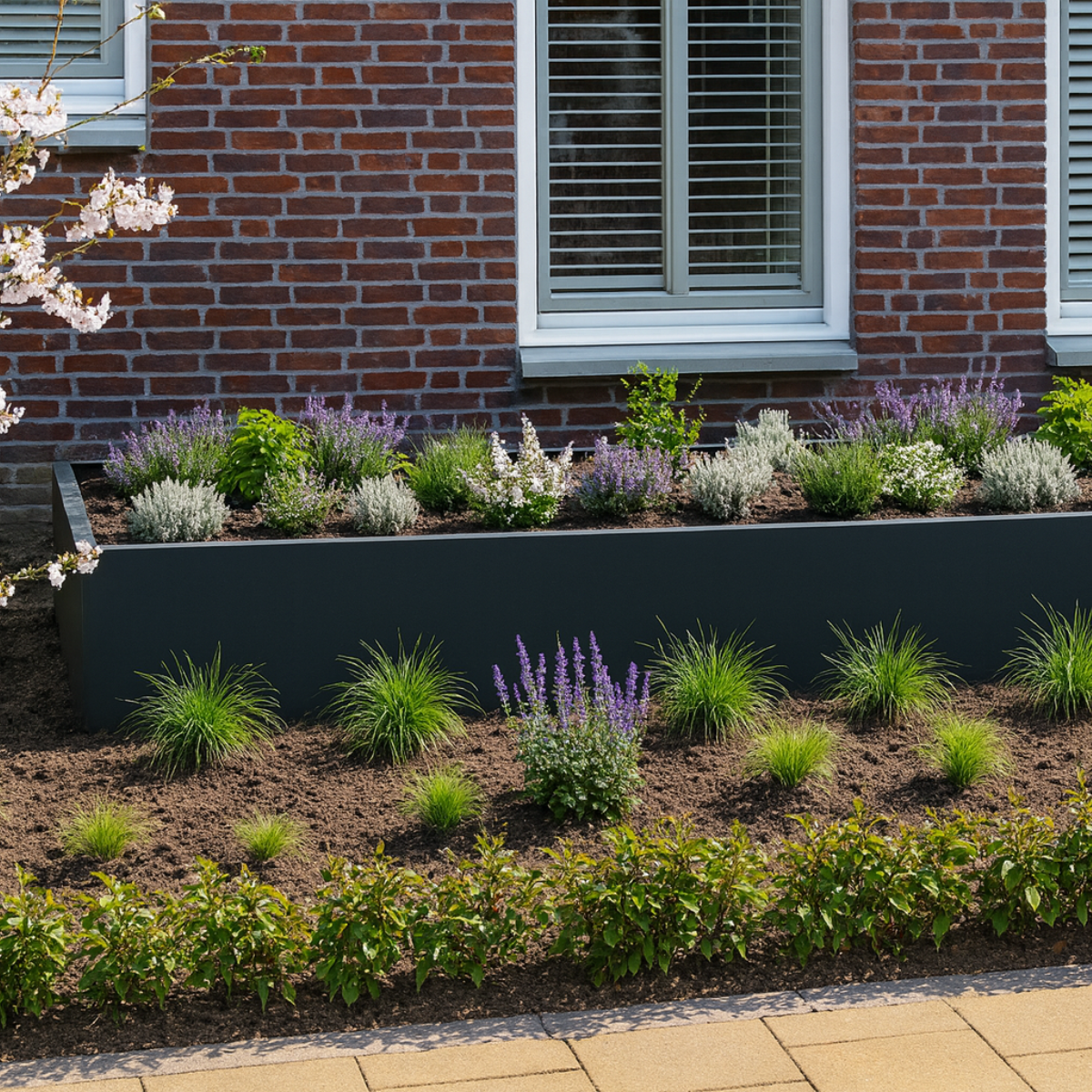 Lage donkergrijze rechthoekige plantenbak over de volledige breedte, gevuld met lavendel en vaste planten tegen een bakstenen gevel met luiken.